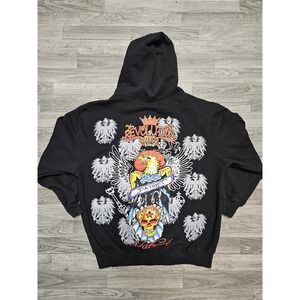 Ed Hardy Style Full Zip Black Hoodie Eagle Skull Design Size M Fits Large Y2K
